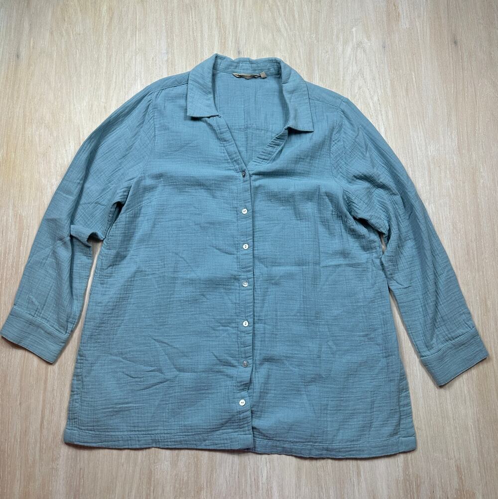 Soft Surroundings Blue Cotton Gauze Coastal Lagenlook Button Down Tunic Top 1X